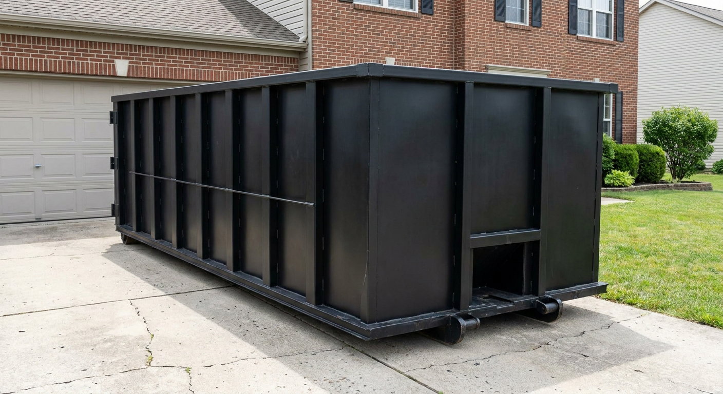 Matte-black 20-yard roll-off container on a Evansville residential concrete driveway with reinforced ribbed steel sidewalls and a hinged rear walk-in door, clean bright daylight.