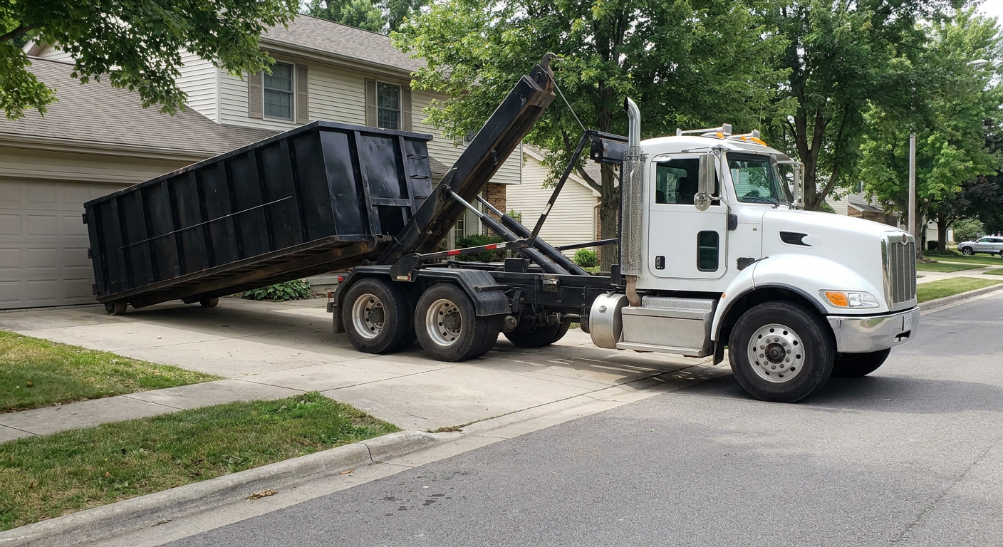 White-cab hooklift roll-off truck actively lowering a matte-black dumpster onto a Evansville residential concrete driveway, the dumpster's rear wheels touching the driveway as the hoist arm tilts the bed forward, mid-morning daylight.