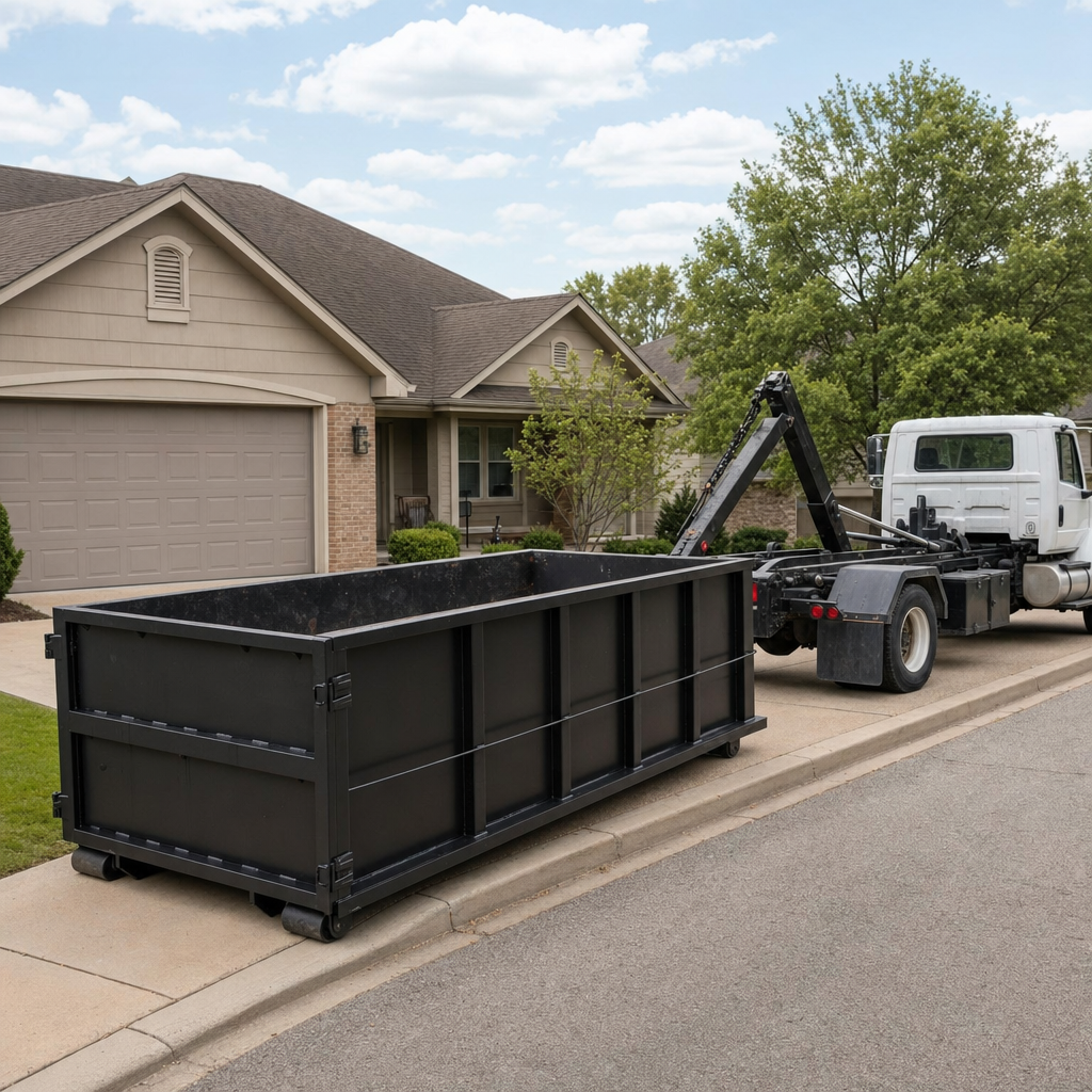 Wide documentary shot of a matte-black roll-off dumpster on a Evansville residential driveway in the foreground and a contractor jobsite container in the soft-focus background, bright daylight, calm and orderly composition.